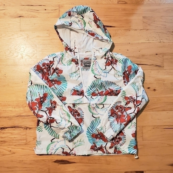 LEVI'S Tropical Hawaiian Floral Flower  White Windbreaker Hooded Jacket Size L - Picture 4 of 12